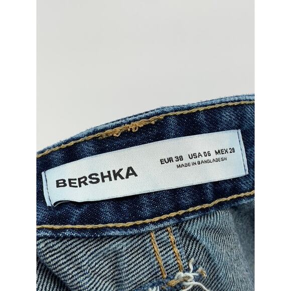 BERSHKA Women's Blue Denim Baggy-Fit Distressed Carpenter Straight-Leg Jeans SZ6 - Picture 8 of 10